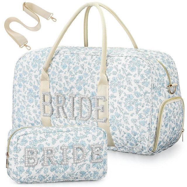 Sadnyy 2 Pcs Bride Travel Bag with Shoes Compartment Bridal Shower Gifts Blue Floral Quilted Tote Makeup Bag Pearl Patch Shoulder Wedding Trunk Keepsake for Bride to Be Honeymoon Engagement Gift