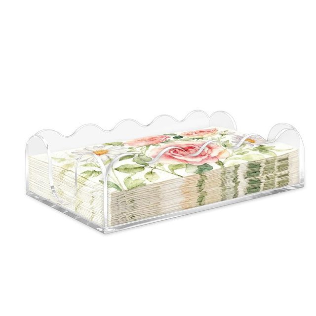 Cryozeo Thick Clear Acrylic Napkin Holder - Waterproof Guest Towel & Disposable Paper Storage Tray, Elegant Scalloped Design for Bathroom, Kitchen, Dining, Weddings & Hotels (9x5.1x2.4 inch)