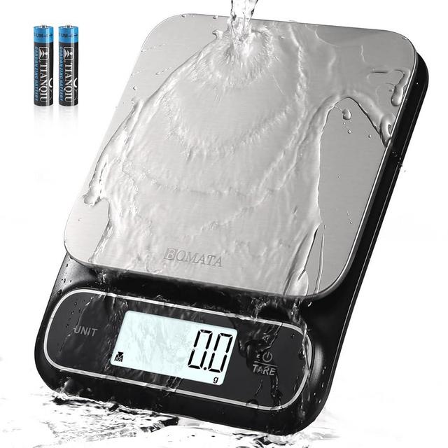 BOMATA Waterproof IPX6 Kitchen Scale, 0.1 g/0.01 oz High Precision, 5 kg/11 lbs, Digital Scale with Backlight, Stainless Steel Weighing Platform, for Food, Cooking, Baking, Weight Loss.. B619, Black