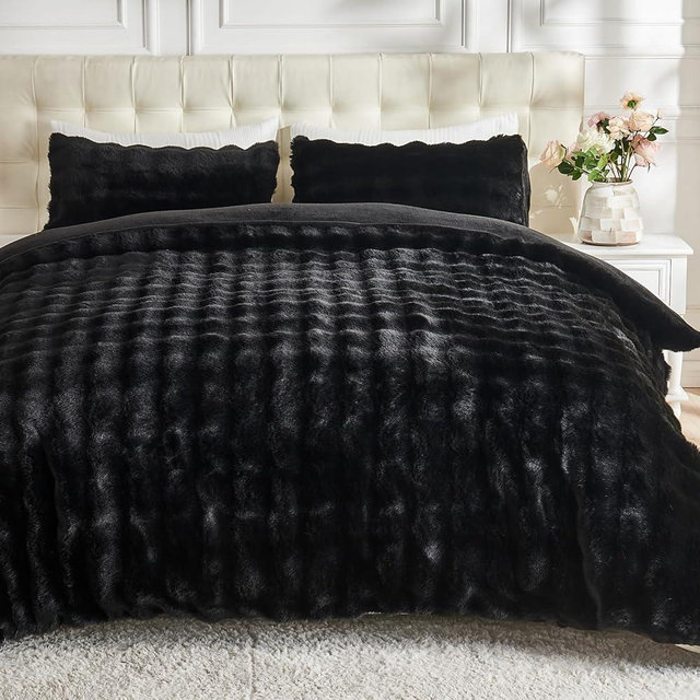 Lotus Karen Fluffy Comforter Set Cover Set-Rabbit Fluff Faux Fur Duvet Cover King Size,Black Plush Fuzzy Furry Bedding Sets 3Pieces(1 Duvet Cover & 2 Pillow Shams),Zipper Closure