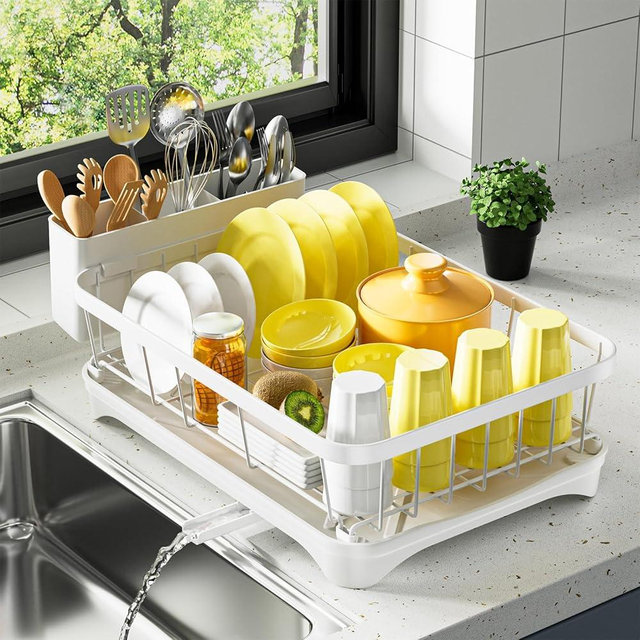 arshray Dish Drying Rack Single Layer with Utensil Holder, Adjustable Spout Auto-Draining Dish Rack for Kitchen Counter, Large Capacity for Plates, Bowls, Cups, Dish Drainer with Drainboard,White