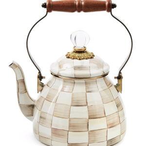 MACKENZIE-CHILDS Enamel Tea Kettle, Stylish Tea Kettle for Stovetop, Brown-and-White Mocha Check, 2 Quarts