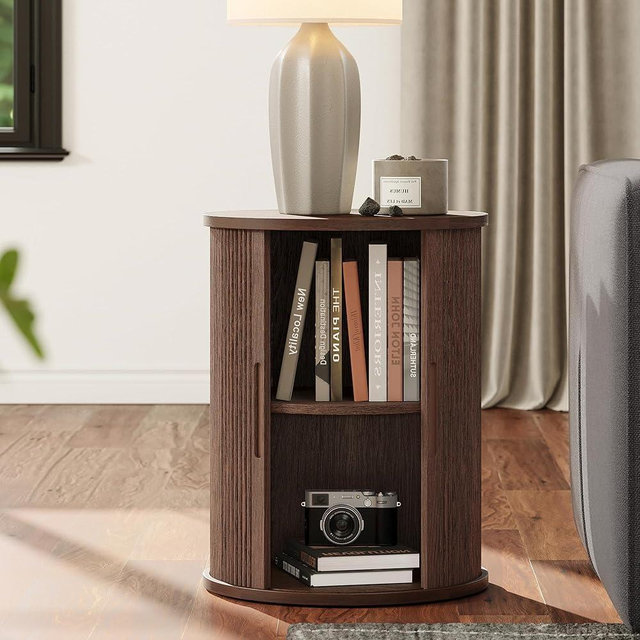 LINSY HOME Round End Table, Fluted Side Table with Sliding Tambour Door and Storage Shelf, Mid Century Modern Circular Nightstand for Bedroom, Wood Boho Tall Bedside Cabinet for Small Space, Walnut