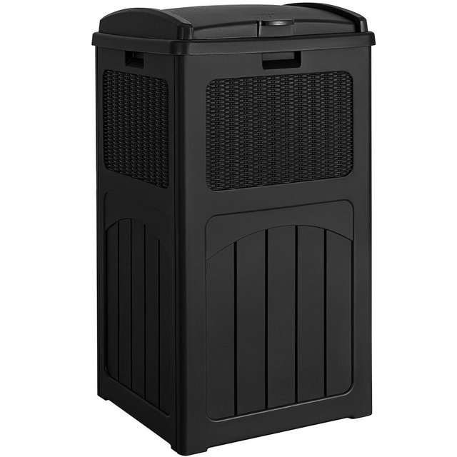 Devoko 33 Gallon Outdoor Trash Can with Dual Lid, Heavy Duty Waterproof Resin Garbage Bins Outside, Hideaway Waste Bins for Patio, Outside Pool, Backyard and Deck (Black)
