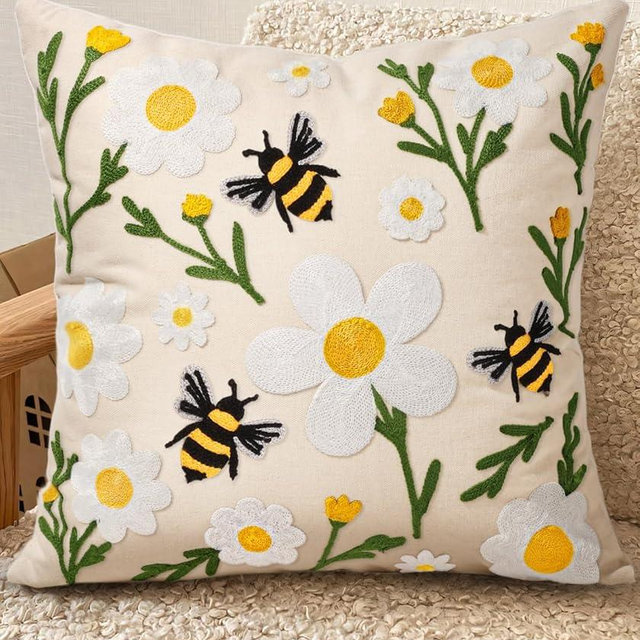 Kokaaee Embroidered Throw Pillow Cover 18x18 Inch - Spring Summer Boho Decorative Pillow Cover with Zipper for Living Room Couch Sofa Bed Aesthetic Design Flower Bee Cushion Pillowcase