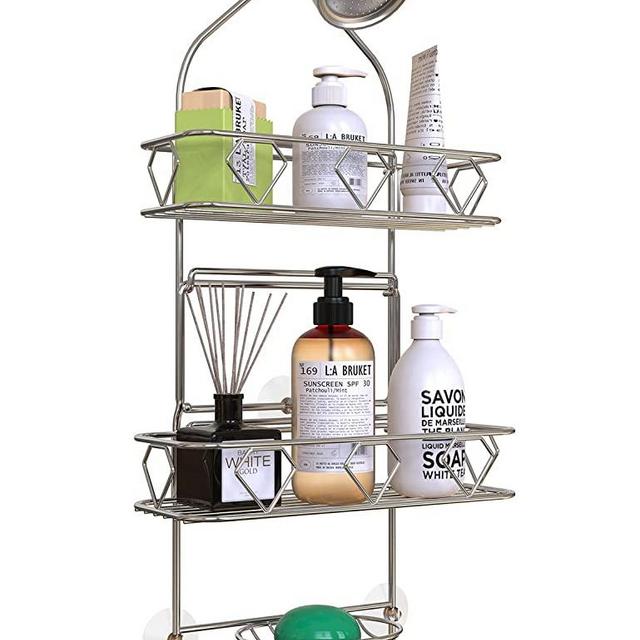 GeekDigg Bathroom Hanging Shower Head Caddy Organizer, Three Tier, Rust Proof Premium Hanger Design With Suction Cups, Hooks, Bath Room Caddies Hang on Showers Head, Shower Organizer, Silver