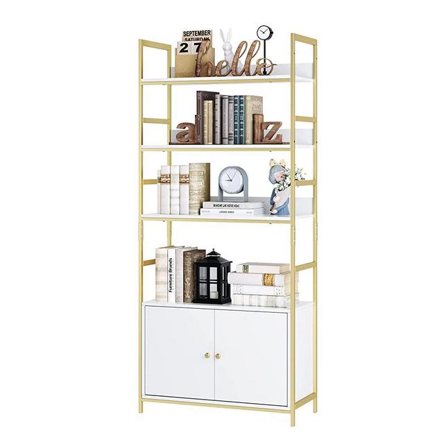 FINETONES Bookcase with 3-Tier Shelves and 2 Cabinets, Free Standing Bookshelf with Wood Open Shelf and Metal Frame, Display Storage Rack Shelves for Living Room Study Office Kitchen, White/Gold