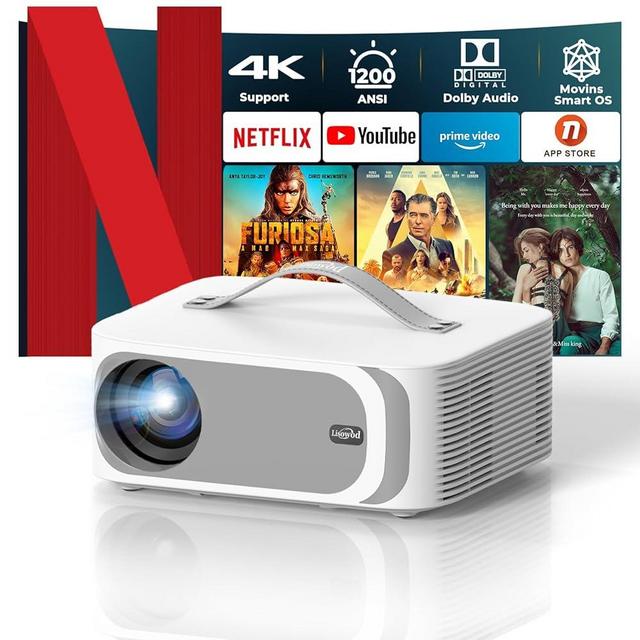 [AI Movin System & 1200 ANSI] Projector-4K with WiFi 6 and Bluetooth, 30W DoIby Audio Netflix-Licensed Projector, One-touch Focus Portable 1080P Outdoor-Projector, Lisowod Smart Proyector with HDR10+