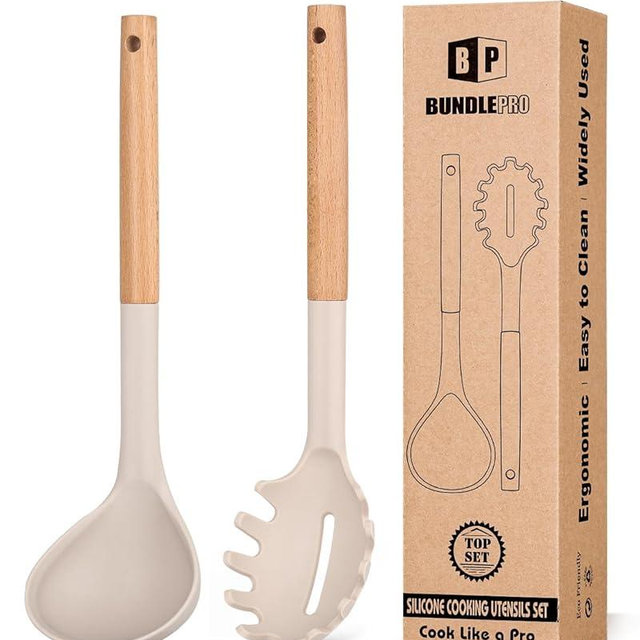 Silicone Pasta Fork and Ladle Spoon Set with Wooden Handle, Heat Resistant Non Stick Kitchen Utensils for Cooking, Stirring, Serving Spaghetti, Soup, Sauce(KHAKI)