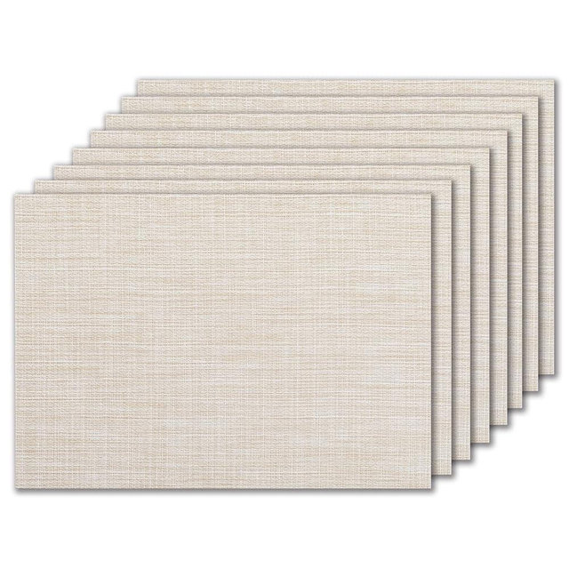 LEXMORE PVC Woven Placemats 8 PCS Wipeable Indoor/Outdoor Table Mats Washable Vinyl Place Mat for Dining Table, Set of 8-Beige White