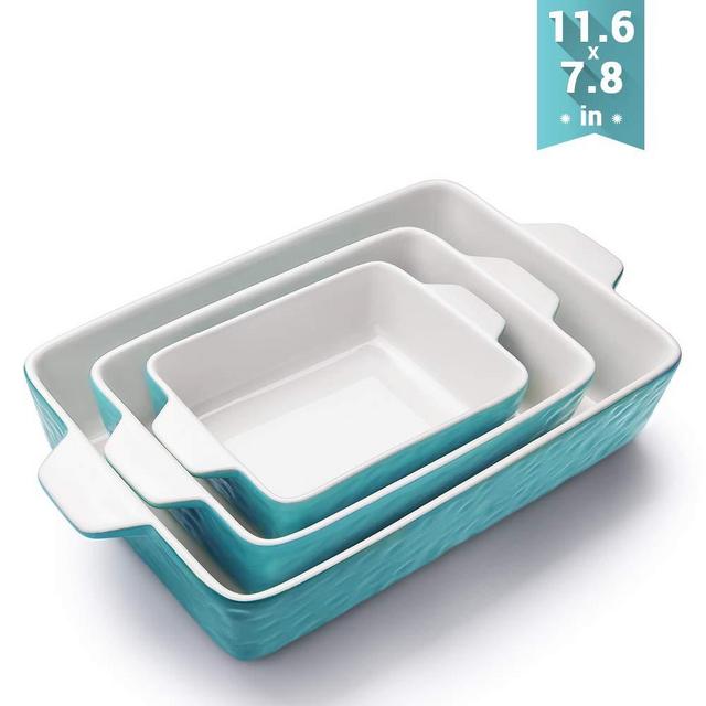 Bakeware Set, Krokori Rectangular Baking Pan Ceramic Glaze Baking Dish for Cooking, Kitchen, Cake Dinner, Banquet and Daily Use - Aquamarine, 3 Pack of Rectangular