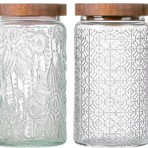 Vintage Glass Jars with Wooden Lids, 2 Pack 34 oz Airtight Glass Food Storage Containers Sets for the Kitchen, Sugar Coffee Candy Spice Cookie Tea Pasta