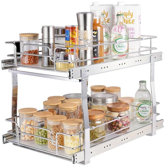 VEVOR 2 Tier 13"W x 21"D Pull Out Cabinet Organizer, Heavy Duty Slide Out Pantry Shelves, Chrome-Plated Steel Roll Out Drawers, Sliding Drawer Storage for Inside Kitchen Cabinet, Bathroom, Under Sink