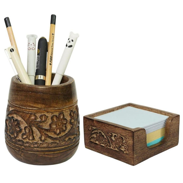 Mie Creations Set of 2 Pen Holder and Sticky Note Holder for Office Desk Organizer, Wooden Desktop Accessories Decor, Handmade Floral Rustic Pencil Stand & Post it Note Dispenser, Aesthetic Stationery
