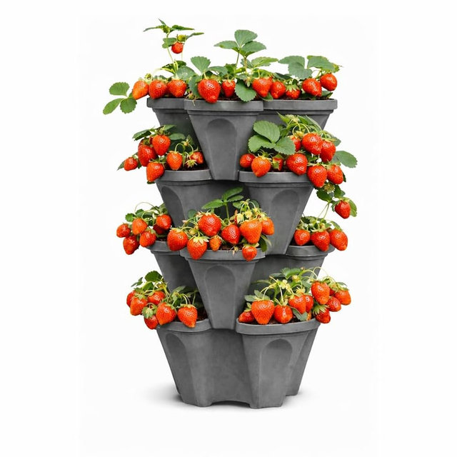 Vertical Garden Planter 4 Tier Stackable System 16 Plants, Space Saving Herb, Strawberry & Food Crop Planter with Center Support Hole for Indoor Outdoor Gardening (4, Slate Gray, Large)