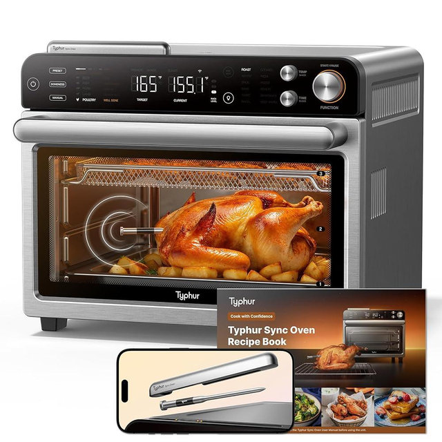 Typhur Sync Oven with Smart Wireless Meat Thermometer Probe, 12‑in‑1 Countertop Air Fryer Toaster Oven Combo, 360° Turbo Convection, Dehydrator, Recipes & 5 Accessories, Large 27QT, Stainless Steel