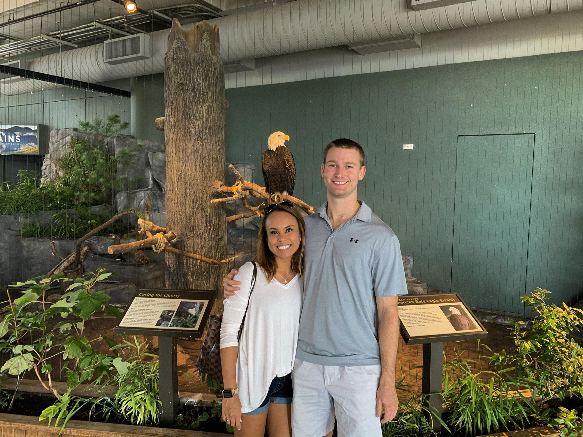 Hanging out with a bald eagle at the Charleston Aquarium, 2019.