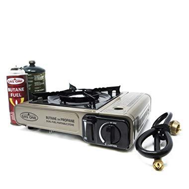 GasOne Propane or Butane Stove GS-3400P Dual Fuel Portable Camping and Backpacking Gas Stove Burner with Carrying Case Great for Emergency Preparedness Kit (Gold)