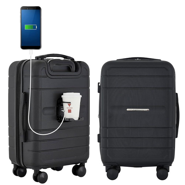 French Connection St. Martin Carry-On Luggage with Cup Holder/USB Ports, Black, 15.4 x 9 x 22 inches