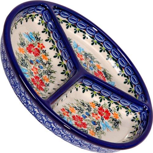 Polish Pottery Ceramika Boleslawiec, 0727/238, Mercedes Divided Platter, 10 3/4 Inches in Diameter, Royal Blue Patterns with Red Cornflower and Blue Butterflies Motif