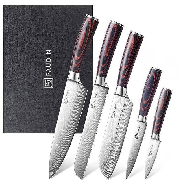 PAUDIN Knife Set, 5 Pcs Kitchen Knife Set with Sharp High Carbon Stainless Steel Forged Blade and Non-Slip Pakkawood Handle, Professional Knives Set for Kitchen, Chef Knife Set Come with Gift Box