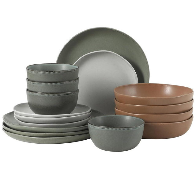 Gibson Elite Menlo Park 16-Piece Pottery Clay Stoneware Dinnerware Set – Assorted Color Reactive Glaze, Organic Shape Embossed Plates and Bowls W/Pasta Bowl, Service for 4 Microwave Dishwasher Safe