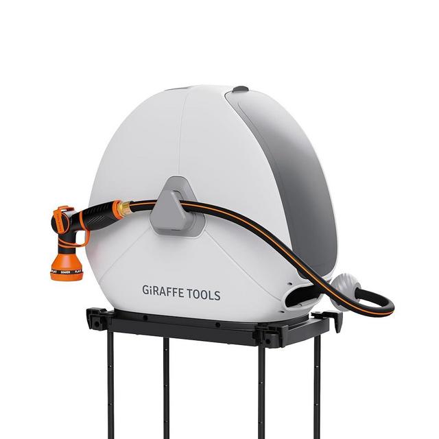 Giraffe Tools Retractable Hose Reel 1/2 Inch x 82FT,Heavy Duty Ground Mount Garden Hose Reel, Automatic Rewind, Any Length Lock, with 9-Function Sprayer Nozzle & Flexible Swivel Base