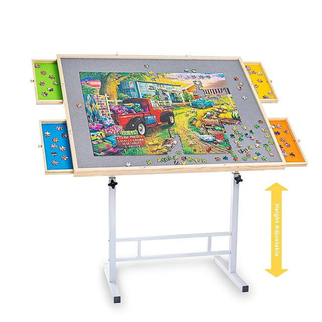 1500 Piece Puzzle Table with Colorful Drawers and Cover, 34"X26" Height Adjustable Puzzle Table with Metal Legs, Tilting Puzzle Tables for Adults