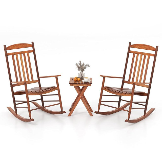 Tangkula 3-Piece Outdoor Poplar Wood Rocking Bistro Set, High Back Front Porch Rocker Chairs Conversation Set with Folding Coffee Table and Armrests, Outdoor Patio Furniture Set for Balcony Backyard