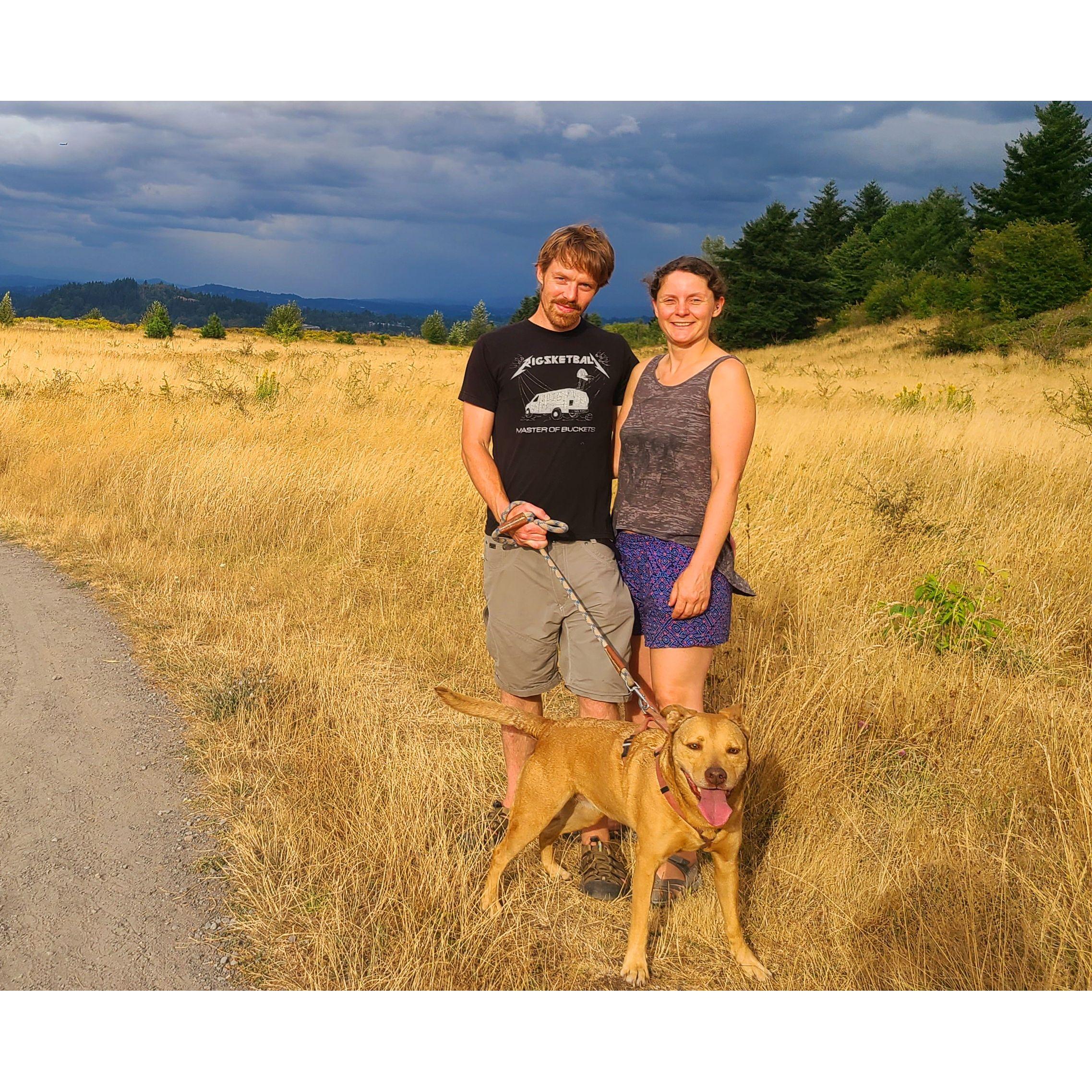 Walking Rose, our dog, at Powell Butte by our house. We love this hike!