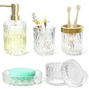 Glass Bathroom Accessories Set, 5pcs Crystal Clear Bathroom Accessories, Toothbrush Holder Set, Lotion Dispenser, Soap Dish, Tumbler, Qtips Holder, Vintage Bathroom Decor