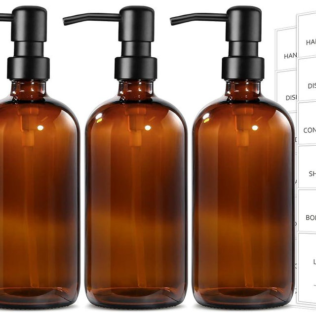 GMISUN Shampoo and Conditioner Dispenser, 3 Pack Amber Glass Bathroom Shampoo Conditioner Body Wash Dispenser with Pump for Shower, 17 Fl Oz Hand Soap Dish Soap and Lotion Dispenser Set for Kitchen