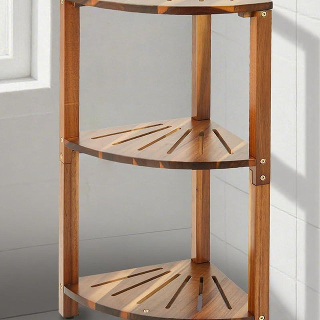 IBosins Corner Shower Caddy Standing 3-Tier Bathroom Shower Stool Shelf for Inside Shower Natural Acacia Wood Organizer & Storage for Bedroom Living Room Kitchen