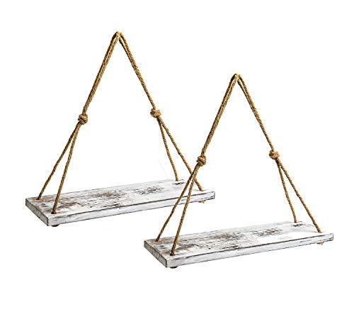 Y&Me Set of 2 Wood Hanging Shelves for Wall,White Rope Hanging Shelves with 4 Hooks for Home Wall Decor, 17”x 6”x 0.7”,Rustic White Hanging Shelf