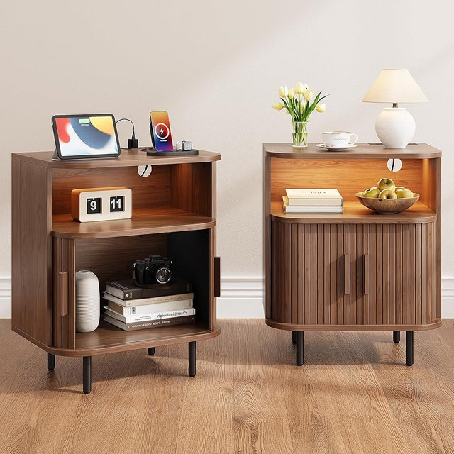 ONBRILL Fluted Nightstand with Drawers, Modern End Table with Charging Station, Mid Century Bedside Table with Open Shelf LED Light for Bedroom Small Space Living Room Sofa Couch Walnut (2 Pack)