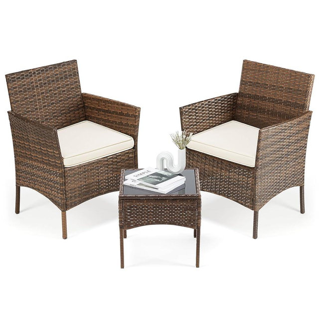 Sweetcrispy Patio Furniture Set 3 Pieces, Outdoor Furniture with Soft Cushion and Glass Table, All Weather Manual Weaving Wicker Rattan Patio Chairs for Garden, Terrace, Porch, Lawns, Brown