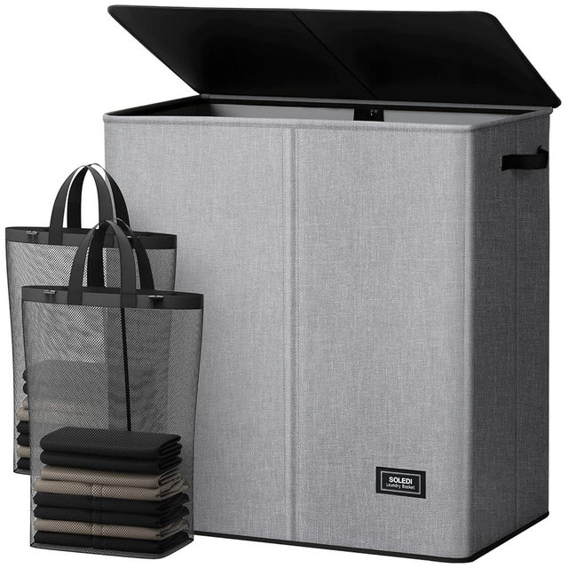SOLEDI Large Double Laundry Hamper with Lid,165L Collapsible Clothes Hamper 2 section with Removable Bags, Space-Saving Laundry Basket for Bedroom, Dorm, College