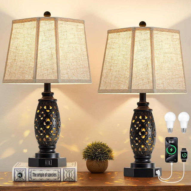EJIAXIN Table Lamps Set of 2-23.5" Vintage Bedside Lamp with USB A+C and Nightlight - Black Carved Resin Retro Desk Lamp for Bedrooms, End Tables, Living Room, Bulbs Included