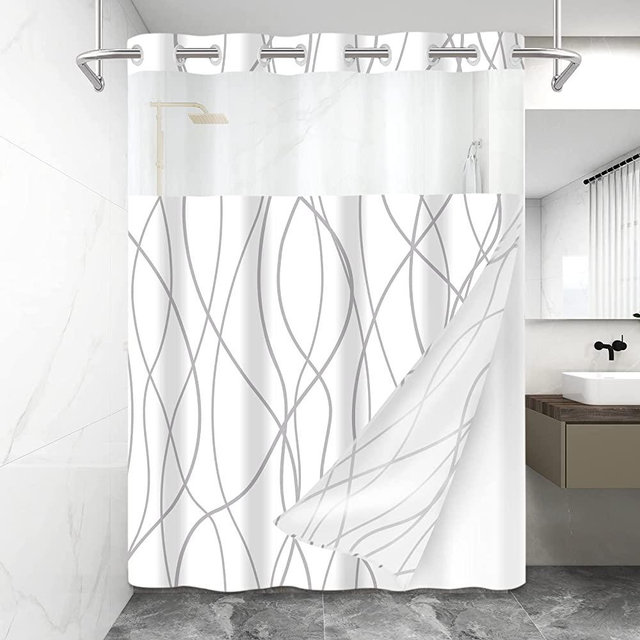 LXBNI No Hook Grey White Striped Shower Curtain with Snap in Fabric Liner Set - Hotel Shower Curtain and Liner Set with See Through Mesh Top Window,Machine Washable, - 71x74 INCH