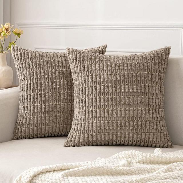 MIULEE Pack of 2 Corduroy Decorative Throw Pillow Covers 18x18 Inch Soft Boho Striped Pillow Covers Modern Farmhouse Home Decor for Sofa Living Room Couch Bed Light Brown