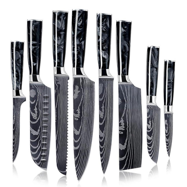 SENKEN 8-Piece Japanese Knife Set with Black Resin Handle and Laser Damascus Pattern - Onyx Collection - Chef's Knife, Santoku Knife, Bread Knife, Paring Knife, & More