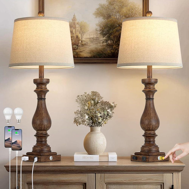 Rinweey 29" Farmhouse Brown Table Lamp for Living Room Set of 2,Vintage Bedside Nightstand Lamps with USB C+A Ports & AC Outlet,3-Way Dimmable Touch Retro Lamp for Bedroom,Brown