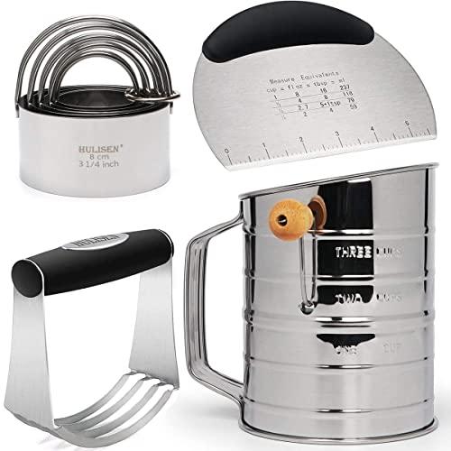 HULISEN Stainless Steel 3 Cup Flour Sifter, Pastry Scraper, Dough Blender & Biscuit Cutter Set, Heavy Duty with Ergonomic Rubber Grip, Professional Baking Dough Tools - 4 Pcs/Set, Gift Package