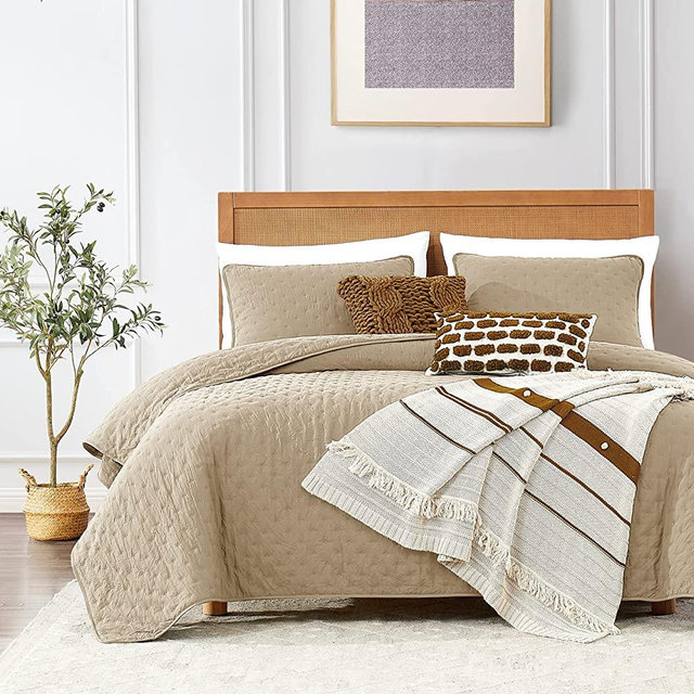 Beige King Sets Queen Size with Pillow Shams, King Quilt Bedding Set, Tan Cream Lightweight Soft Bedspread Coverlet Set for All Season Summer Spring