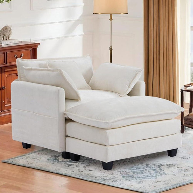 SweetGO corporation 40" Chenille Lounge Chair for Reading, Modern Couch Cozy Sofa Bed, Upholstered Living Room Single Sofa Accent Chair with Ottoman, Beige