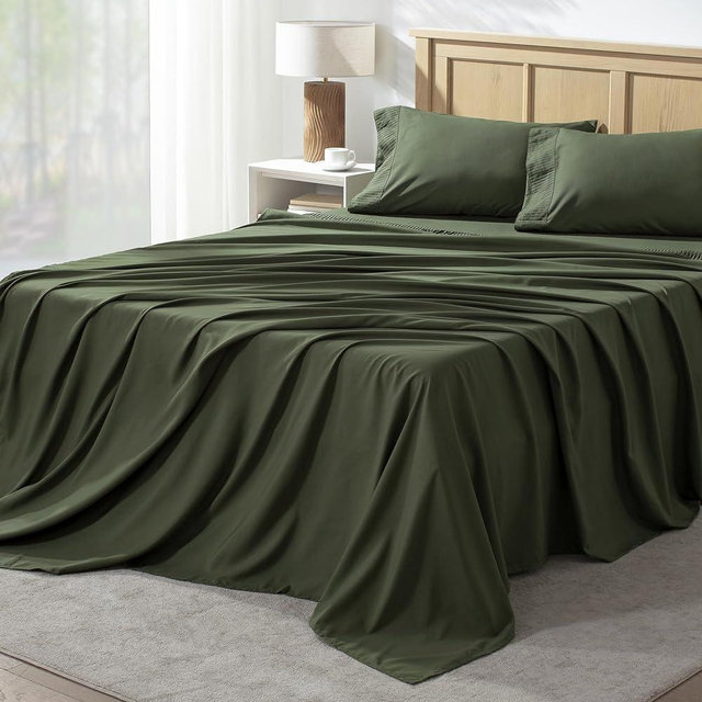 Andency Queen Sheet Set 4 Pieces, Dark Olive Green Super Soft Sheets for Queen Size Bed, Microfiber Queen Sheet, Deep Pocket Up to 16", Hotel Luxury Breathable & Cooling Bed Sheet Set