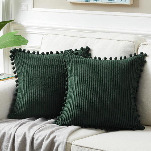 Fancy Homi Set of 2 Dark Green Boho Decorative Throw Pillow Covers 18x18 Inch with Pom-poms for Living Room Couch Bed Sofa Bedroom Indoors, Modern Farmhouse Boho Vintage Army Green Home Decor