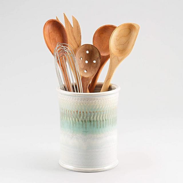 Georgetown Pottery Handmade Kitchen Utensil Holder Ivory and Green Oribe, Made in USA, Ceramic Utensil Crock Organizer