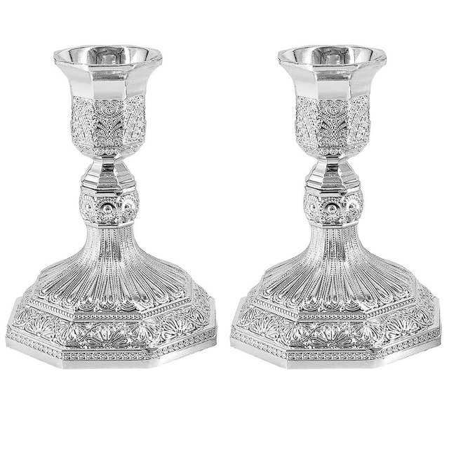 The Dreidel Company Shabbat Candlesticks Candle Holders Silver Plated, 2 Candlesticks Set Style 2