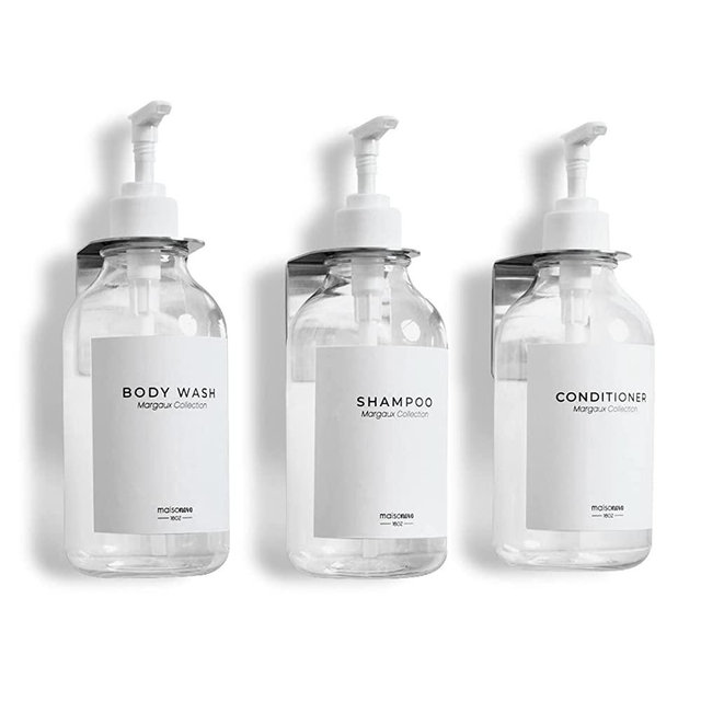 MaisoNovo Shampoo Dispenser for Shower Wall 3 Chamber - Drill Free Shower Soap Dispenser Wall Mount with Waterproof Labels | 3 Clear Bottles 3 Silver Wall Mounts